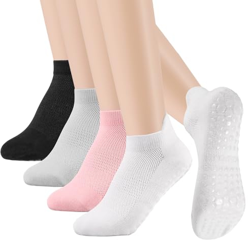 Newofview 4 Paar Yoga Socken, Anti-Rutsch-Socken Für Damen, Pilates Rutschfeste Socken Sommer-Yoga-Socken Antirutschsocken Mädchen Für Pilates, Yoga, Barre, Tanz, Ballett, Kampfsport
