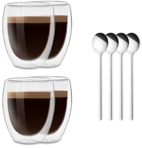 CNNIK Latte Macchiato Gläser Doppelwandige Kaffeegläser Espressotassen Cappuccino Tassen Kaffeetassen 4er Set 350ml Teegläser Doppelwandige Gläser mit Löffel Kaffeetassen set Cappuccinotassen
