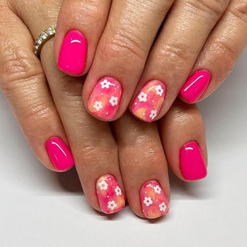Angwis 24pcs Short Square False Nails Hot Pink Ombre Press on Nails White Flowers Stick on Nails Acrylic False Nails Removable Glue-on Nails Full Cover Fake Nails Women Brides Nail Art Accessories