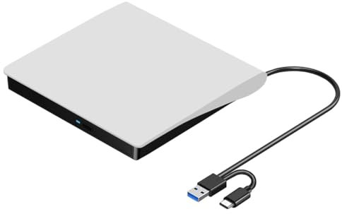 rieder Lecteur CD DVD +/-RW externe, USB 3.0 et USB-C, graveur de CD et DVD ROM portable, lecteur graveur de lecteur de disque graveur de lecteur de disque graveur facile à utiliser, blanc