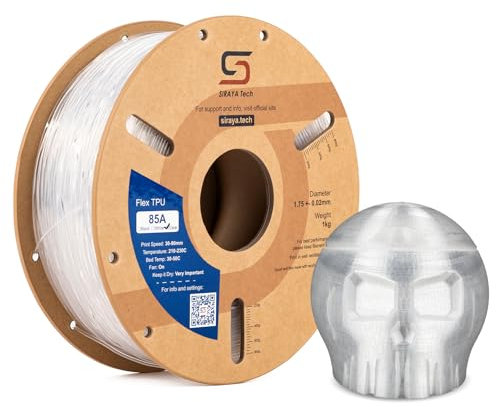 Siraya Tech Flex TPU-Filament – 85A Shore, ISO 10993, hohe Flexibilität und Zähigkeit, hoher Durchfluss und hohe Geschwindigkeit, feuchtigkeitsbeständiger Aluminiumbeutel (transparent, 1 kg)