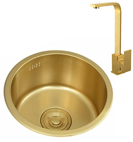 Organizador de Fregadero de Cocina Fregadero Dorado Barra Redonda de Acero Inoxidable Mini Fregadero Grifo Cuadrado Dorado Fregadero Debajo del mostrador Incluye Accesorios (40 cm)