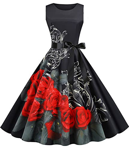 Women Vintage Dress 1950s A Line Swing Cocktail Party Dress Floral Print Sleeveless Retro Tank Dresses Swing Flowy Tea Dress Audrey Hepburn 50s 60s Dance Gown with Belt