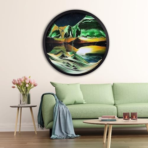 BVJKHQ Sandbilder zum Drehen, Sandbild Fließende Sandmalerei, 3D Sanduhr Dynamisch Bewegtes Sandbild Natürliche Landschaft, 360° Fießender Sand Rahmen für Home Dekor (60cm, green)