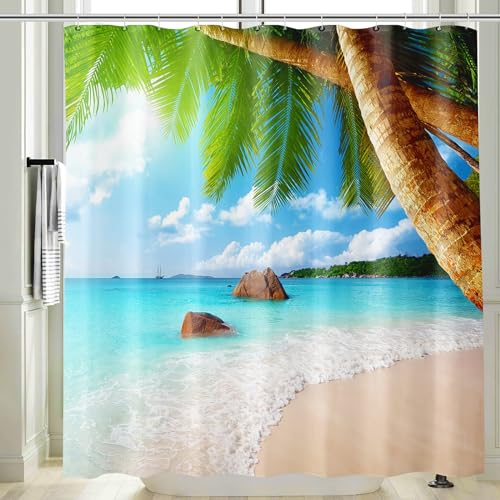Vgzsyomqib Strand Meer Duschvorhang 240x200 Extra Breit Anti Schimmel Wasserdicht für Badewanne Stoff Shower Curtains 3D Taupe Insel Grün Palmen Blau Ocean Motiv Duschvorhänge Waschbar Textil