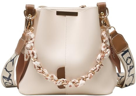 CRGANGZY Luxus-Kette, trendige Umhängetasche, PU-Leder, modische Handtasche, große Kapazität, Henkeltasche mit breitem Riemen for Damen (weiß und braun)