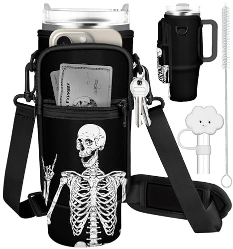 Water Bottle Holder Carrier Bag for Stanley Cup 40 oz Water Bottle Sling Pouch with Adjustable Shoulder Strap Phone Pocket Clouds Straw Cover Cleaner Brush for Walking Travel Hiking Gym(Funny Skull)