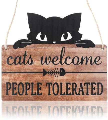 Qianyu Funny Cat Welcome Sign Cats Welcome People Tolerated Kitty Kitten Footprint Wooden Plaque Hanging Catio Wall Decor Lovely Wooden Sign Cat Lover Gifts for Women Pet Shop Home