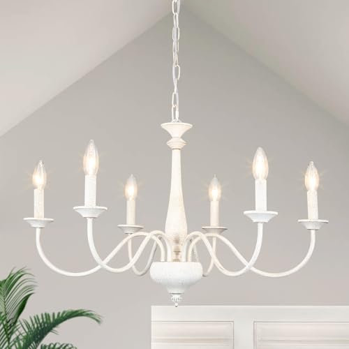 ASHUAQI Kronleuchter Vintage Weiß, 6 Flammig Französische Landhaus Esstisch Pendelleuchte, Rustikal Bauernhaus Retro Deckenleuchte Hängend Lampe für Wohnzimmer, Schlafzimmer, Esszimmer, Küche