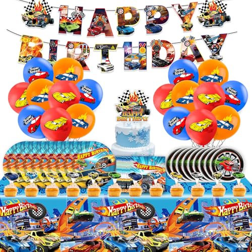Auto Birthday Party Decorations- 93Pcs WHeels Happy Birthday Banner Balloons Colorful Tableware Set Cake Topper Decoration Plates Napkins Tablecloths for Cartoon Theme Party Supplies for 20 Guests