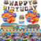 Auto Birthday Party Decorations- 93Pcs WHeels Happy Birthday Banner Balloons Colorful Tableware Set Cake Topper Decoration Plates Napkins Tablecloths for Cartoon Theme Party Supplies for 20 Guests