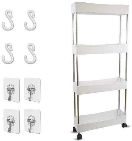 Ph Pro Heat Carrito Auxiliar Baño con Ruedas 4 Alturas + 4 Ganchos Adhesivos + 4 Ganchos para el Carro | Carro Estrecho Organizador 38x13x87.