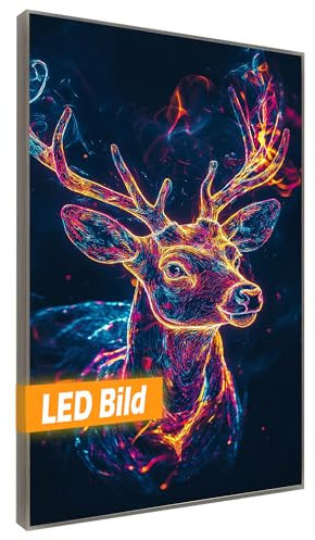 Leuchtbild I Hirsch Neon I LED Wandbild I Leuchtende Tier Leinwand mit Rahmen - Made in Germany (Hirsch Neon, 75x50 cm, Rahmen: Holz Flora)