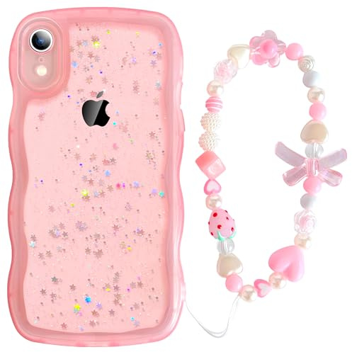 Jmltech Coque à paillettes pour iPhone Xr, coque de protection en silicone transparent avec cordon de téléphone perlé pour iPhone Xr