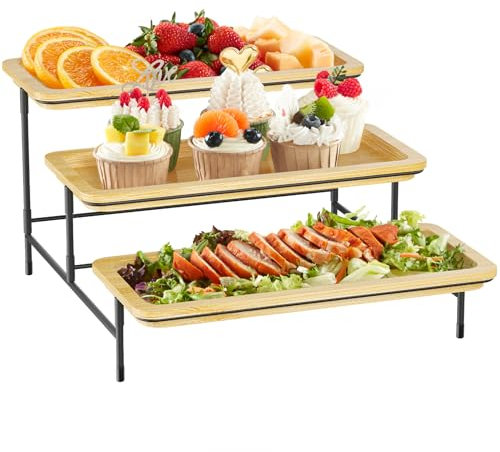 Lifewit 3 Tiered Serving Platter, 12 Inch Bamboo Trays for Food Serving, Reusable Snack Tray with Removable Metal Stand, Display Stand for Fruit, Cookies, Dessert,Cake, Natural and Black