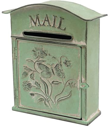 Briefkasten,Englischer Postkasten zur Wandmontage, grün Nostalgie Antik Stil Schmetterling Blume,Heimdekoration Metall Briefkasten,Garten Outdoor Dekoration