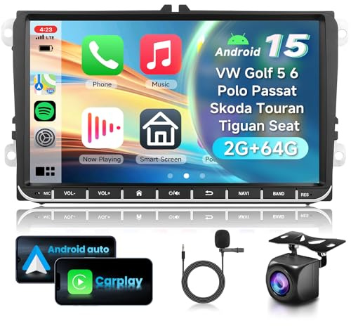 2G 64G VECHTEL 9 Radio para Coche con Bluetooth para VW Golf 5 6 Polo Passat Skoda Tiguan Seat Carplay Android Auto,Android 15,DSP EQ,WiFi GPS,RDS/FM Radio con cámara de visión Trasera AHD