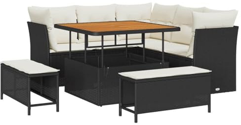 vidaXL 8-teiliges Garten-Sofa-Set mit cremefarbenen Kissen, modulares Rattan-Sitzmöbel für 5 Personen, Gartenmöbel, Poly-Tisch für Balkon & Terrasse, modernes Lounge-Entertainment