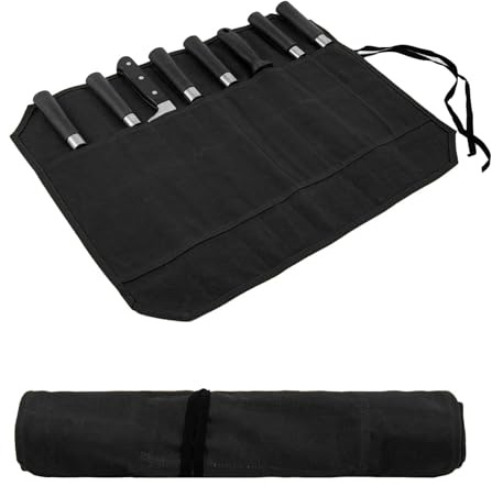 JDGFH Borsa per coltelli, coltello da cucina con 8 scomparti per coltelli e cucchiai, in tela di cera, regalo per cuochi professionisti o appassionati culinari, Nero , Conservazione di coltelli