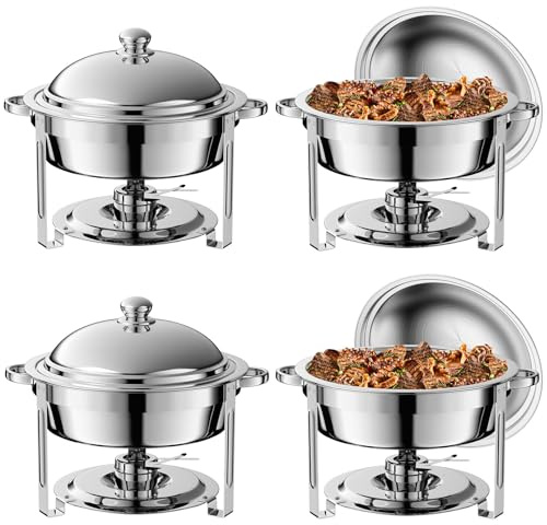Set di 4 pezzi per piano cottura rotondo Chafing, set di stoviglie a buffet in acciaio inox da 6 l, rotonde per buffet e scaldamani, spessi supporti per catering Chafe con piscine a specchio, scalda