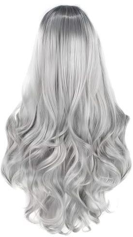 Halloween Perücke Damen, 70cm Lang Wellig Ombre Grau Perücke mit Haarnetz, Ideal für Halloween Party, Cosplay Fasching & Mottoparty Verkleidung