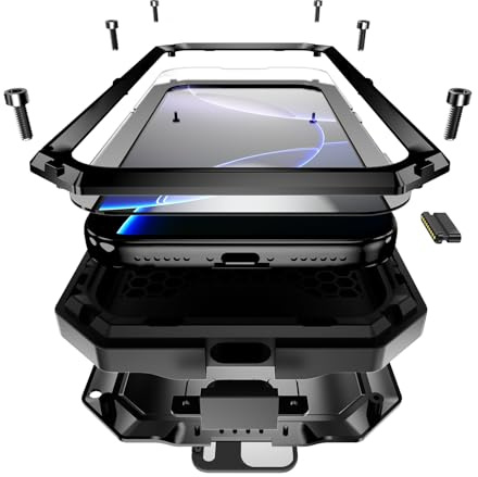 Compatible for iPhone 17 Pro Max Case, Aluminum Metal Gorilla Glass Shockproof Military Heavy Duty Sturdy Protector Cover Hard Case with Sliding Camera Cover & Screen Protector & Kickstand (Black)