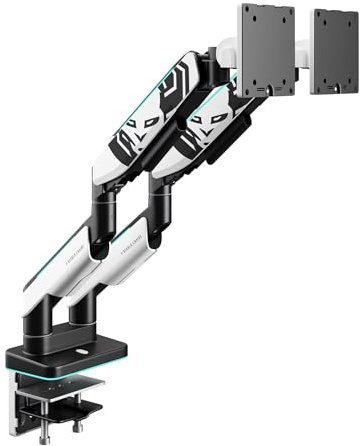 Diablo Monitorhalterung 2 Monitore RGB X-Arm Dual Einstellbarer Monitorarm Für 17–35″ Bildschirme LED-Beleuchtung VESA 75x75 100x100 2x20 Kg Tragkraft Kabelmanagement Klemme Durchführung Weiß-Schwarz