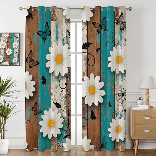 Havenix Blumen Vorhänge Blickdicht Wohnzimmer Holzoptik Gänseblümchen Schmetterling Design Vorhang mit ösen Gardinen 245 cm Hoch 2er Set Verdunklungsvorhänge für Schlafzimmer Fenster