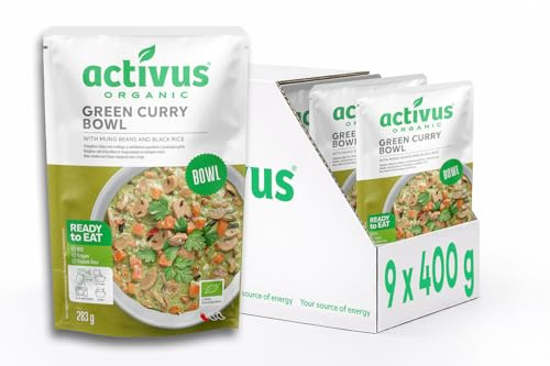 Activus Organic Green Curry Bowl with Mung Beans & Black Rice 283g x 9 Pack, Ready Meal Pouches, Heat & Serve - Vegan, Dairy Free, Gluten Free, Bulk Buy, Plant Based, Quick Lunch Or Dinner