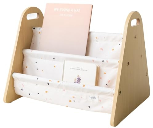 3 Sprouts Bücherregal Kinder, tragbar, doppelseitig, Terrazzo Creme | beidseitige Ablagen Bücher frontal sichtbar für Kinderzimmer, Lesen und Spiel kindgerechte Höhe flexibel aufstellbar