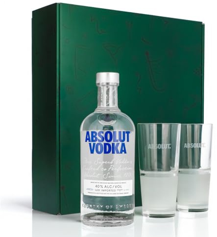 Sipply Geschenkset 3-teilig mit 2 Gläser Frosted und 1 Flasche Absolut Vodka 0,7l 40% Vol. | mit Geschenkverpackung: Grün | Geschenk für Frauen Männer Mama Papa Freundin zu Weihnachten Ostern