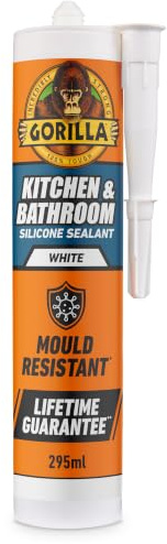 Gorilla Kitchen & Bathroom White Silicone Sealant, 295ml – Mould Resistant, 100% Waterproof Sealant, Shower Ready in 30 Minutes, Shrink & Crack Proof | Use on Showers, Baths, Sinks, Toilets & More