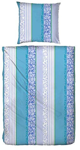 Hahn Microfaser Seersucker Bettwäsche Ornamente Gestreift Türkis, 155 x 220 cm + 80 x 80 cm