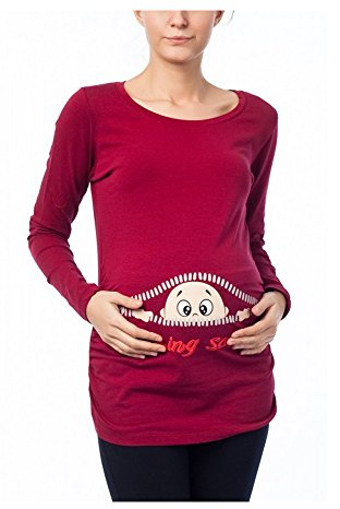 M.M.C. Umstandsshirt Langarm Damen mit Coming-Soon-Motiv – Umstandsmode T-Shirt für die Schwangerschaft, mitwachsende Raffung, 95% Baumwolle, S bis XL