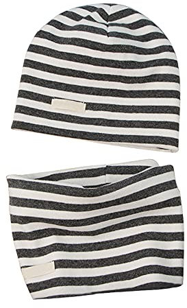 LACOFIA Baby Jungen Mädchen Beanie Mütze und Loop Schal Set Kinder Weiche 100% Baumwolle Strickmützen Kleinkind Hut und Kragen Schals Dunkelgrauer Streifen 3-7 Jahre
