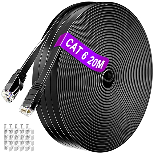 ikbc Cavo Ethernet 20 Metri, Cat 6 Cavo LAN 20m Alta Velocità Cavo di Rete, Gigabit Cat6 Cavo Internet 1000Mbits Piatto con Connettori RJ45 per PS5/4 Modem Router (20 Fermacavo)