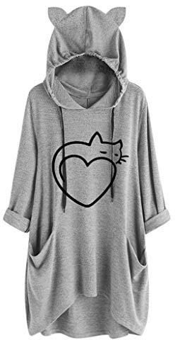 Lazzboy Kapuzenpullover Frauen Druck Katzen Ohr Mit Kapuze Langärmliges Unregelmäßiges Spitzenblusen Hemd Damen Lang Oversize Hoodie Pullover Sweatshirt(Grau,4XL)