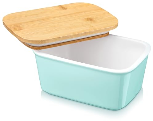 LOVECASA Butter Dish, Porcelain Butter Container with Wooden Bamboo Lid, French Butter Dish,Removable Silicone Seal, 500ml Blue