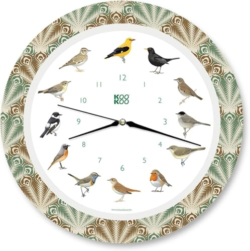 KOOKOO Singvögel Quarzwerk Feather Heart, Die Singende Vogeluhr, ist eine Uhr mit 12 heimischen Singvögeln und echten, natürlichen Vogelstimmen, 34cm