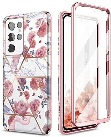 SURITCH Hülle für Samsung Galaxy S21 Ultra 5G mit Eingebaute Displayschutz, 360 Grad Stoßfest Schutzhülle TPU Robust Bumper Case Cover Handyhülle für Samsung Galaxy S21 Ultra 5G 6.8 - Rose
