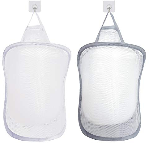 Mesh Laundry Baskets, 2pcs Pop Up Laundry Storage Basket Collapsible Washing Bag Hanging Toy Tidy Organizer with Handle (Grey and White)