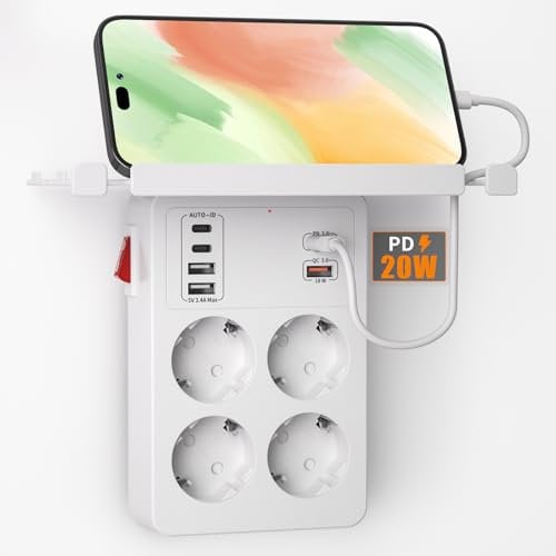 PD20W Presa Multipla Salvaspazio con Interruttore, Multipresa USB con Ricarica Rapida PD3.0 e QC18W, Ciabatta Elettrica da Parete con 4 Schuko e 6 USB Caricatore,90 Gradi Rotante Spina,Bianco