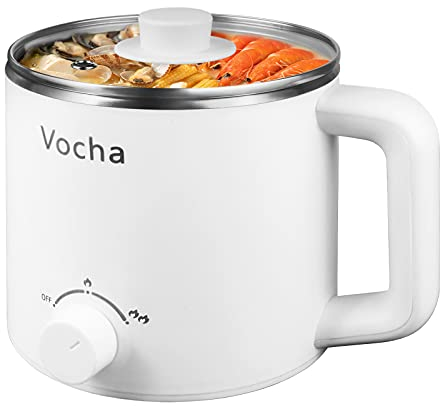 Vocha Electric Hot Pot, 1.6L Rapid Ramen Noodles Cooker, Electric Stainless Steel Stock Pot, Multi-Functional Mini Cooker for Soup, Pasta, Oatmeal, Dumplings, with Dual Power Control (White)