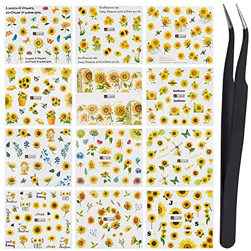 NICENEEDED 12 fogli Adesivi per Unghie Artistiche Adesivo per Il Trasferimento Dell'Acqua, Tatuaggi per Unghie di Girasole Fogli per Nail Art con Pinzette per Unghie Design Manicure Tips