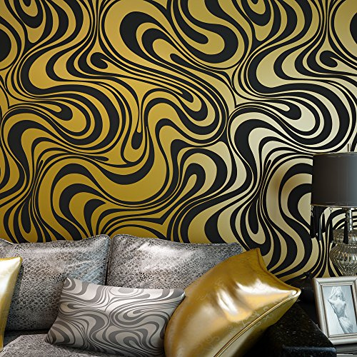 MEAIHOME Modern Abstract 3D Curve Non-Woven Wllapaper | Flocking Striped for Wallpaper Roll 0.7m(2.29' W) x 8.4m(27.56' L)=5.88㎡(63.11 sq.ft) (Black&Gold)