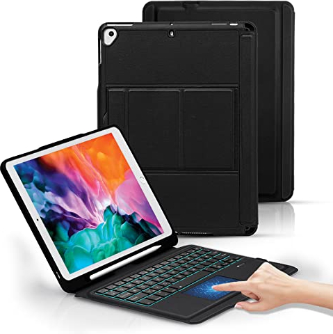 Seagtigau Étui clavier pour iPad 10,2 (9e/8e gén, Air 3 & Pro 10,5) avec pavé tactile, clavier magnétique lumineux amovible et porte-stylo - disposition QWERTZ