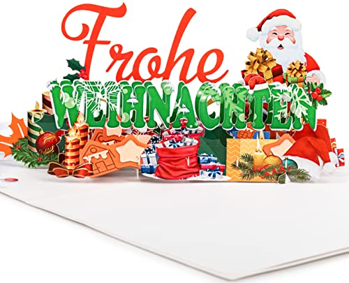 LIMAH® Pop-Up 3D Weihnachtskarte – Frohe Weihnachten, Santa Claus und Geschenken – passend zu einem Gutschein oder Geldgeschenk – für Frau, Mann oder Kinder- Frohe Weihnachten mit Weihnachtsmann