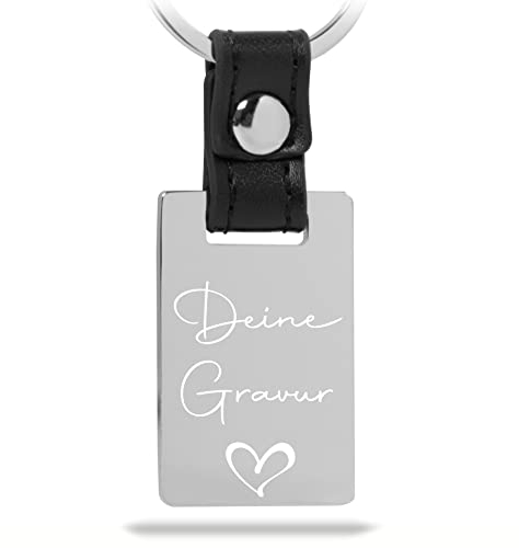 Mister Boncuk UNIQUE Schlüsselanhänger mit Gravur aus Edelstahl mit Echtleder - Personalisierbar mit Wunschgravur - Perfekt auch als Geschenkidee (Hochglanz - Weißgravur)