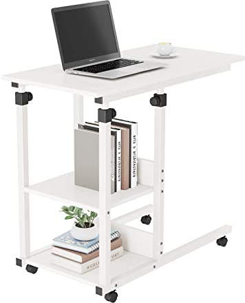 Dripex C Shaped Side Table, Height Adjustable Sofa Couch Bed End Table with Wheels, Rolling Bedside Computer Laptop Desk with 2 Tiers Storage Shelves for Living Room, Bedroom(White)