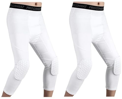 HULG Pantaloni da Basket con Ginocchiere,Pantaloni da Basket da Uomo con Ginocchiere 3/4 Capri Imbottiti Leggings A Compressione Leggings Protezioni Sportive (L,White)